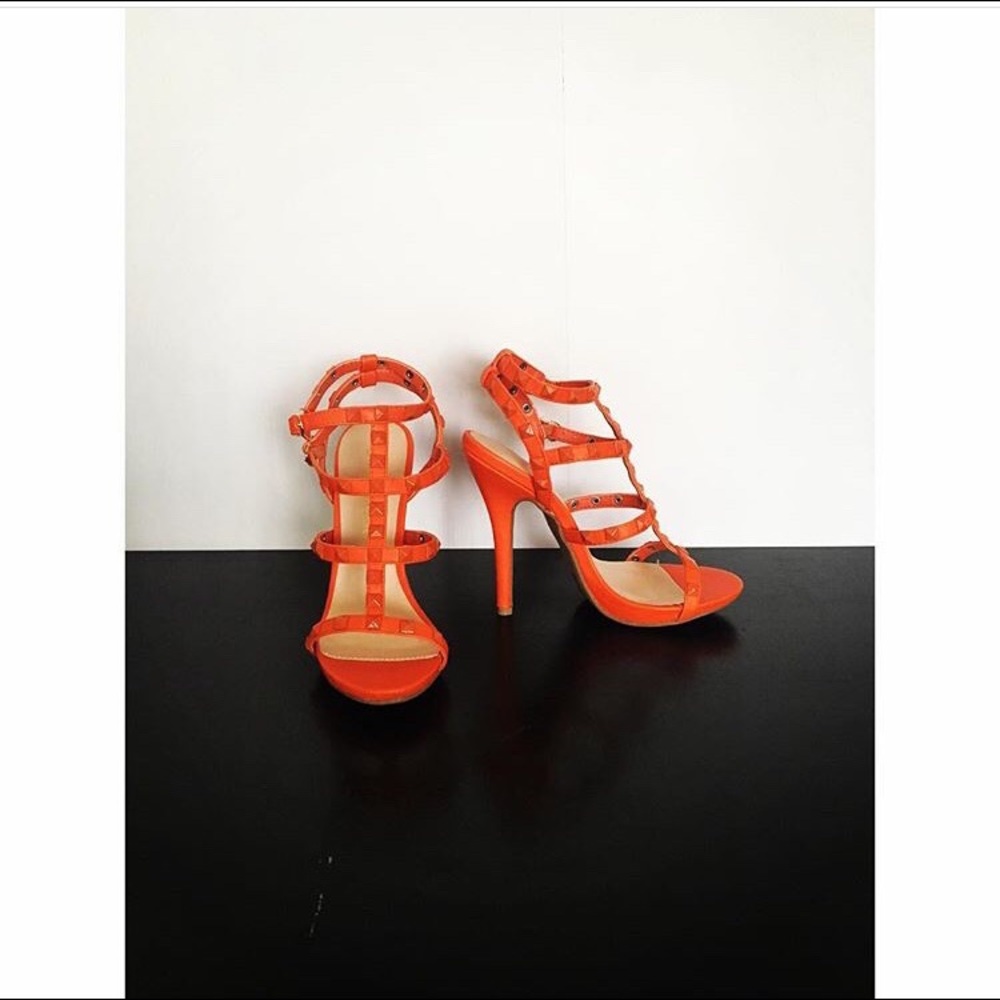 Orange studded caged heels
